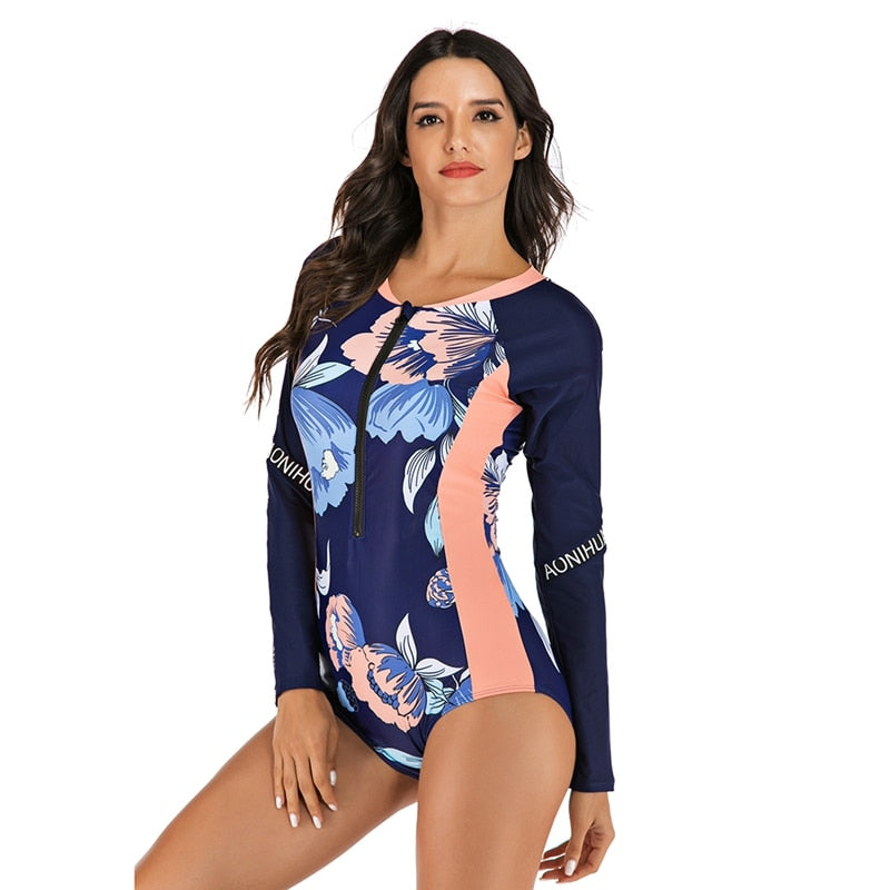 Ink Trendz® RashGuard One-Piece Long Sleeve Floral Patchwork Zipper Quick Drying Swimsuit